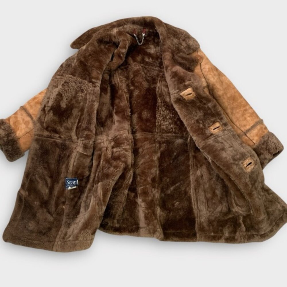 Vintage 70s 80s Sears Sheepskin Shearling Fur Rancher Coat - Picture 4 of 10